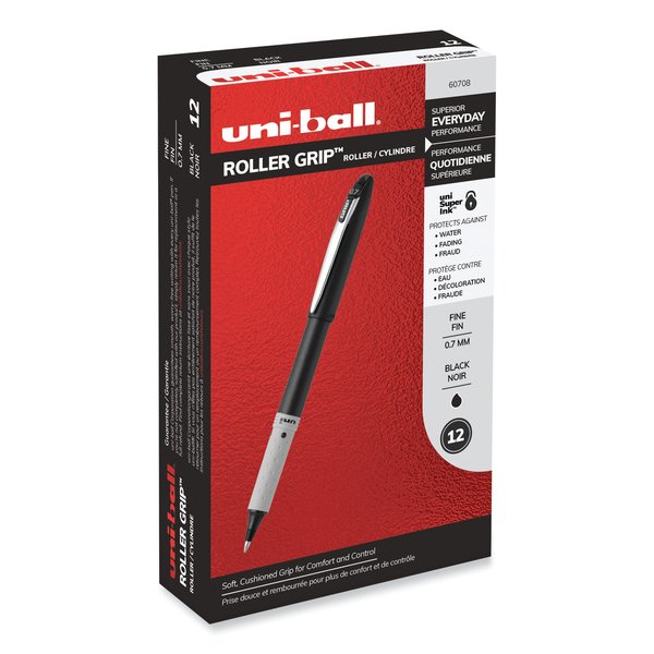 Uni-Ball Grip Stick Roller Ball Pen, Fine 0.7mm, Black Ink/Barrel, PK12 60708